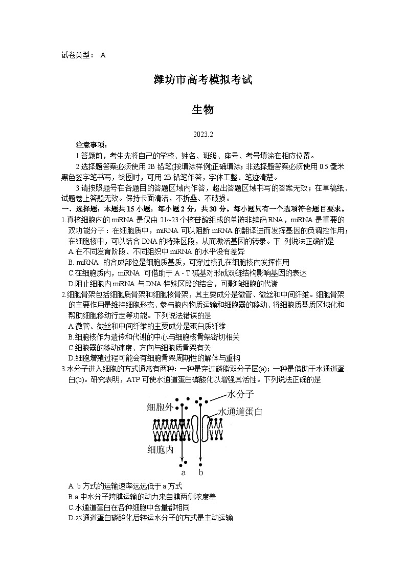 山东省潍坊市2022-2023学年高三下学期2月高考模拟考试（一模）生物  含答案第1页