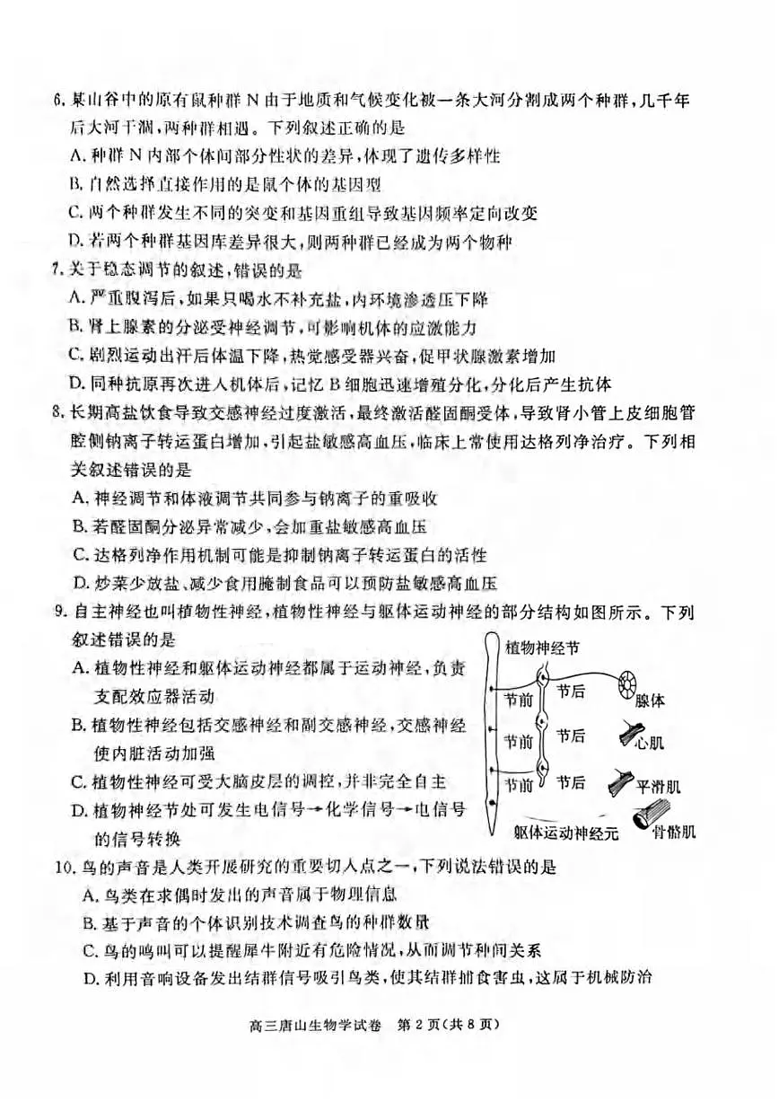 生物丨河北省唐山市2025届高三下学期4月高中学业水平第二次模拟生物试卷及答案第2页