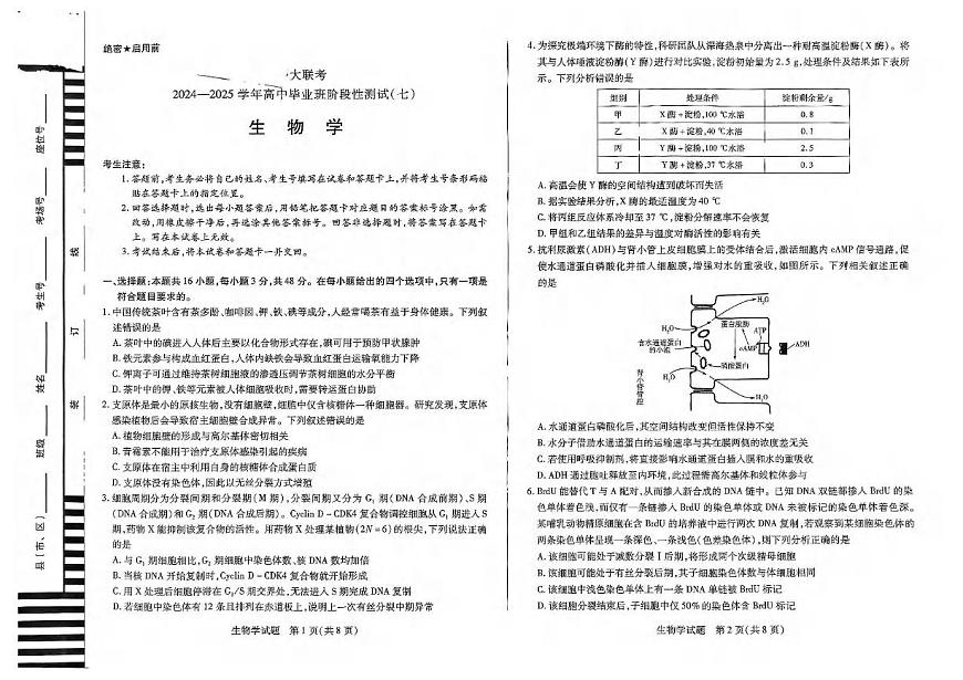 生物丨天一大联考2025届高三下学期阶段性测试（七）生物试卷及答案第1页