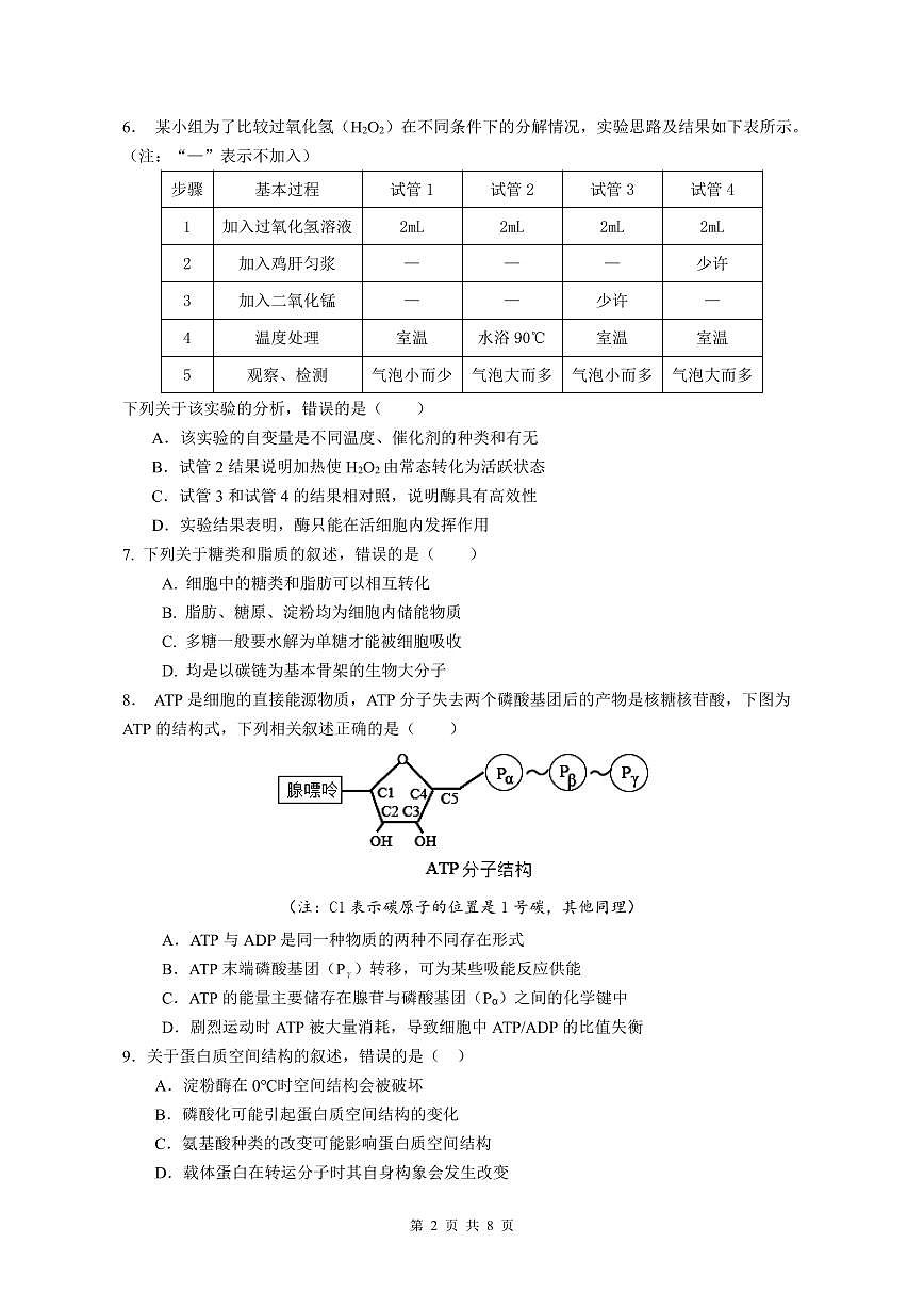 四川省内江市某校2024-2025学年高三上学期9月月考生物试卷第2页