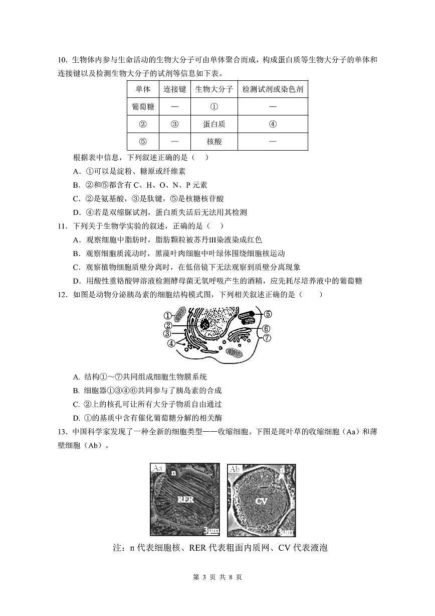 四川省内江市某校2024-2025学年高三上学期9月月考生物试卷第3页