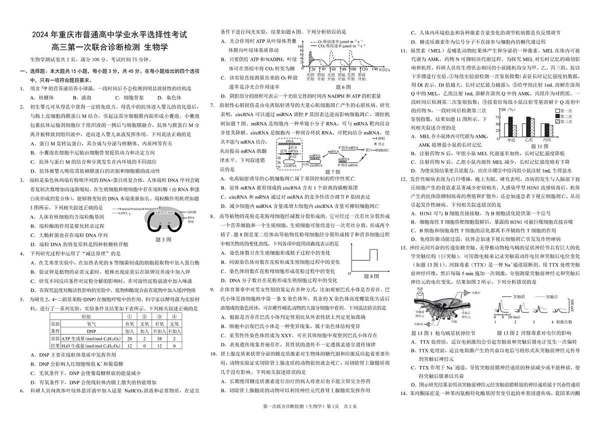 康德2024年重庆市普通高中学业水平选择性考试高三第一次联合诊断检测生物试卷（含答案）第1页