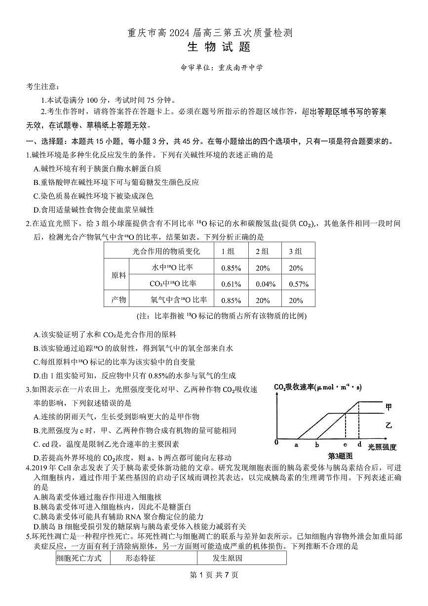 重庆市南开中学高2024届高三第五次质量检测生物试卷（含答案）第1页