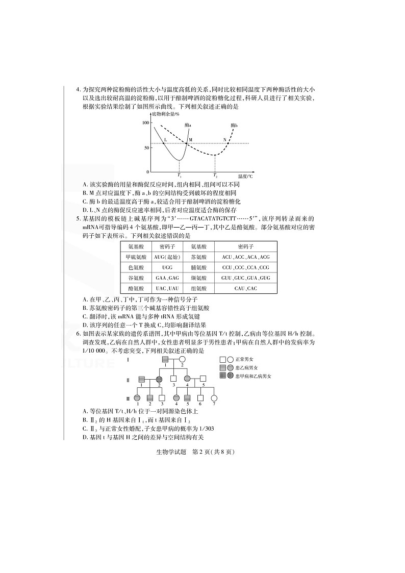 皖豫名校联盟2024-2025学年下期高三4月份（月考）检测生物试卷含答案第2页