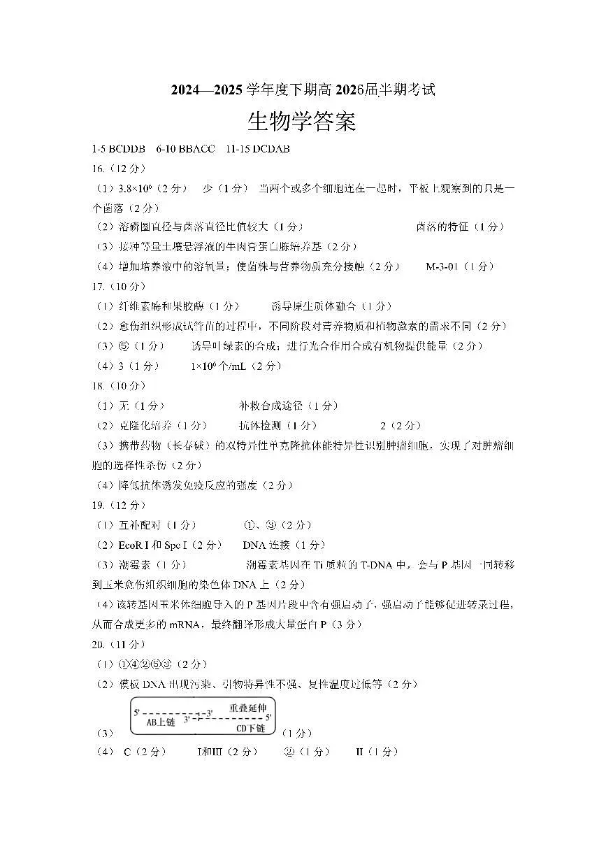 高二生物下期半期考试试卷答案第1页
