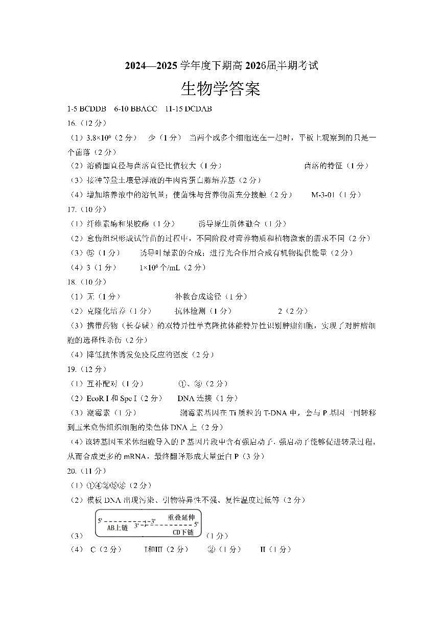 高二生物下期半期考试试卷答案第1页