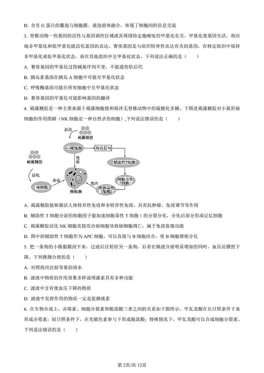 山东省枣庄市2023-2024学年高三1月期末质量检测生物试卷（含答案）第2页