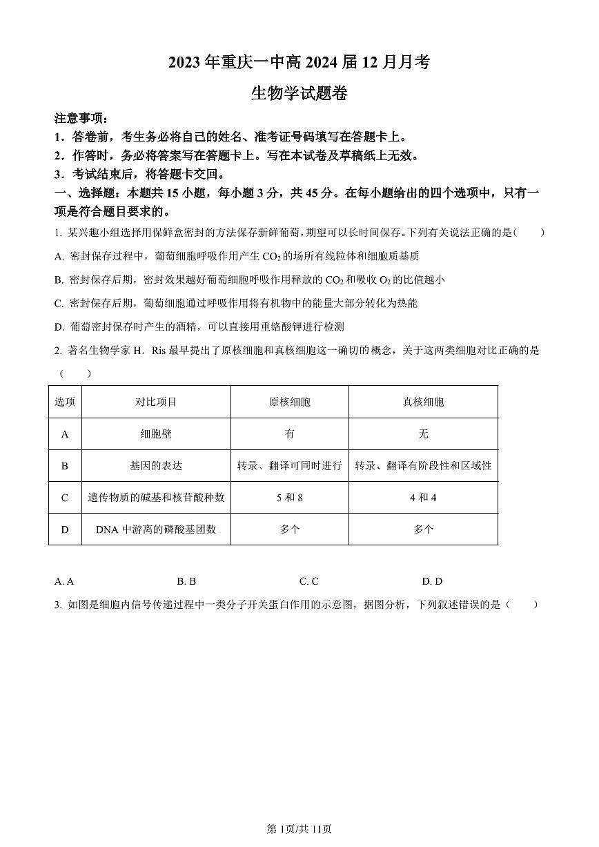 重庆市一中2023-2024学年高三12月月考生物试卷（含答案）第1页