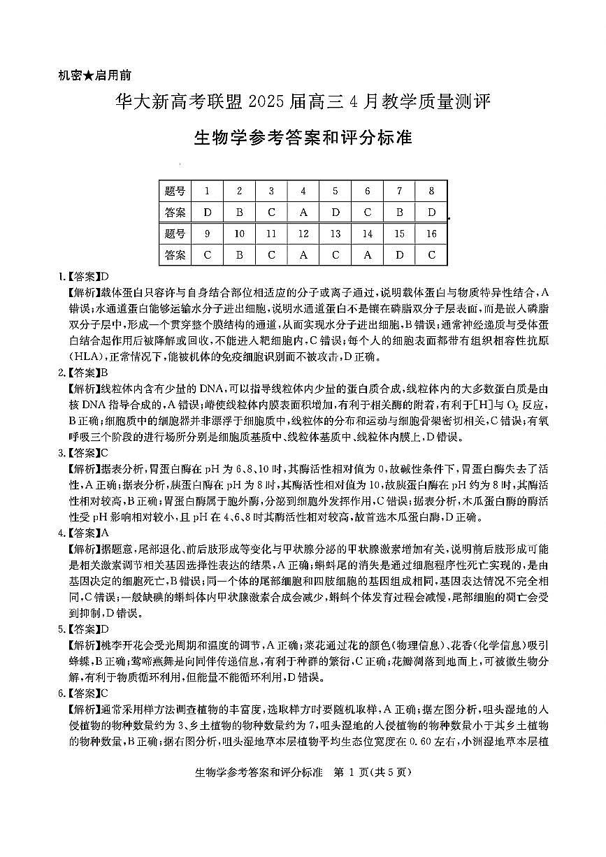 华大新高考联盟2025届高三4月教学质量测评生物答案第1页