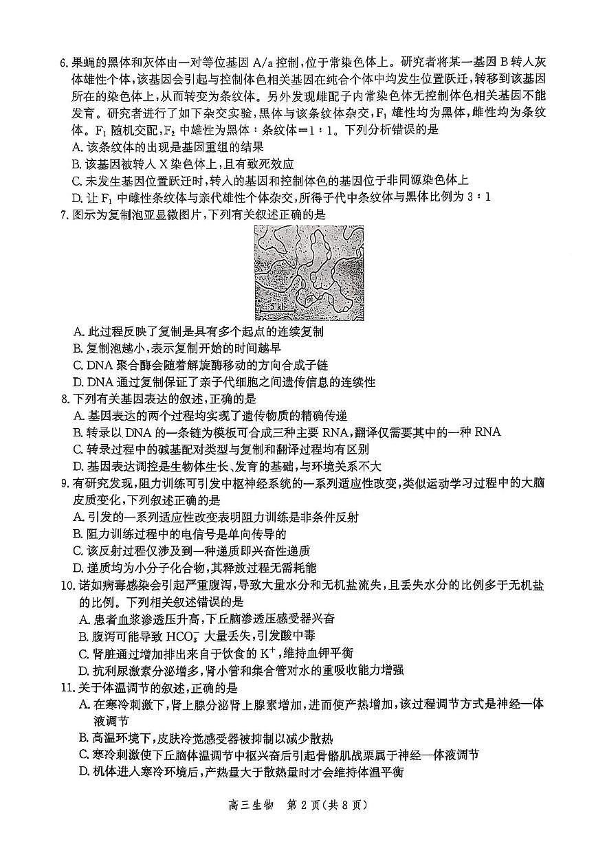 河北省邯郸市2025届高三下学期4月第四次调研监测生物试卷（PDF版附解析）第2页