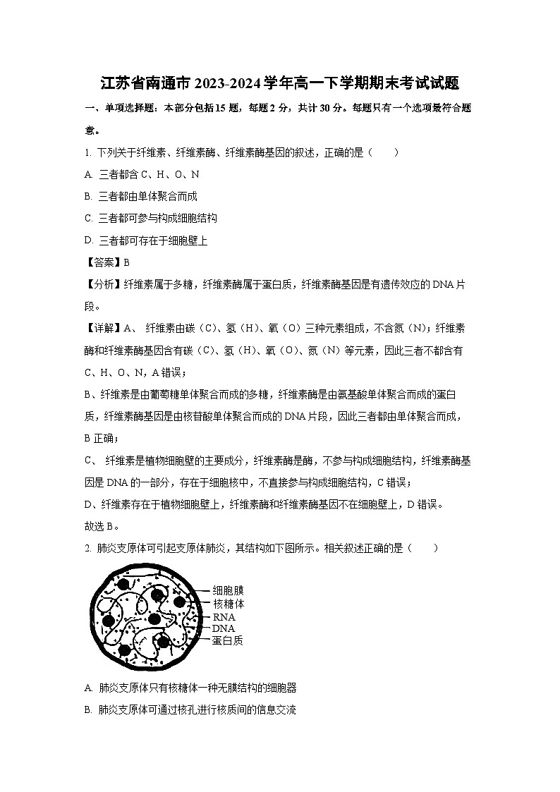 江苏省南通市2023-2024学年高一下学期期末考试生物试卷（解析版）第1页