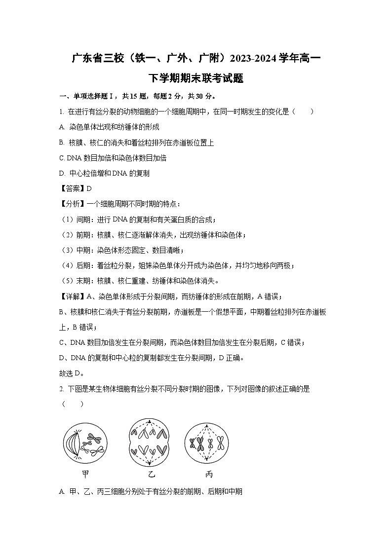 广东省三校（铁一、广外、广附）2023-2024学年高一下学期期末联考生物试卷（解析版）第1页