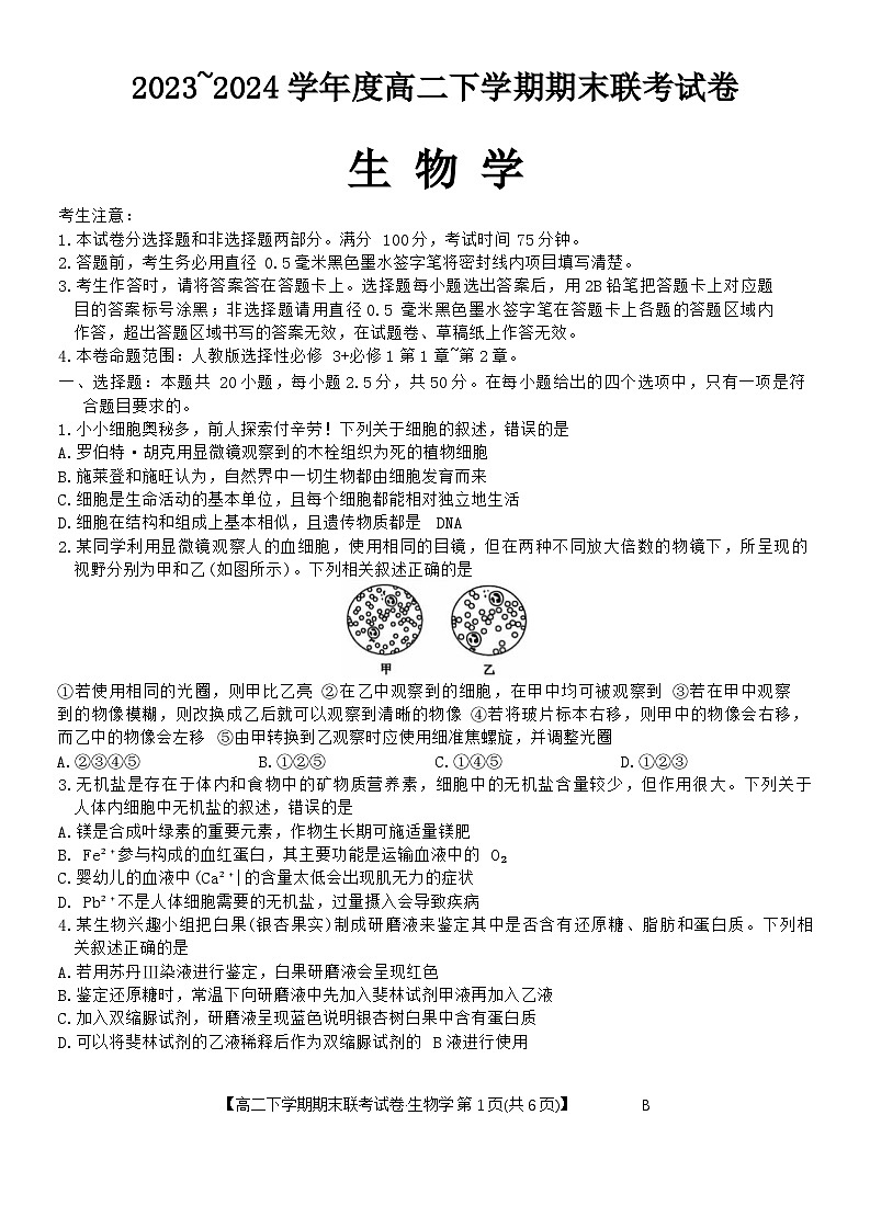 河南省商丘市商师联盟2023-2024学年高二下学期7月期末生物试题第1页