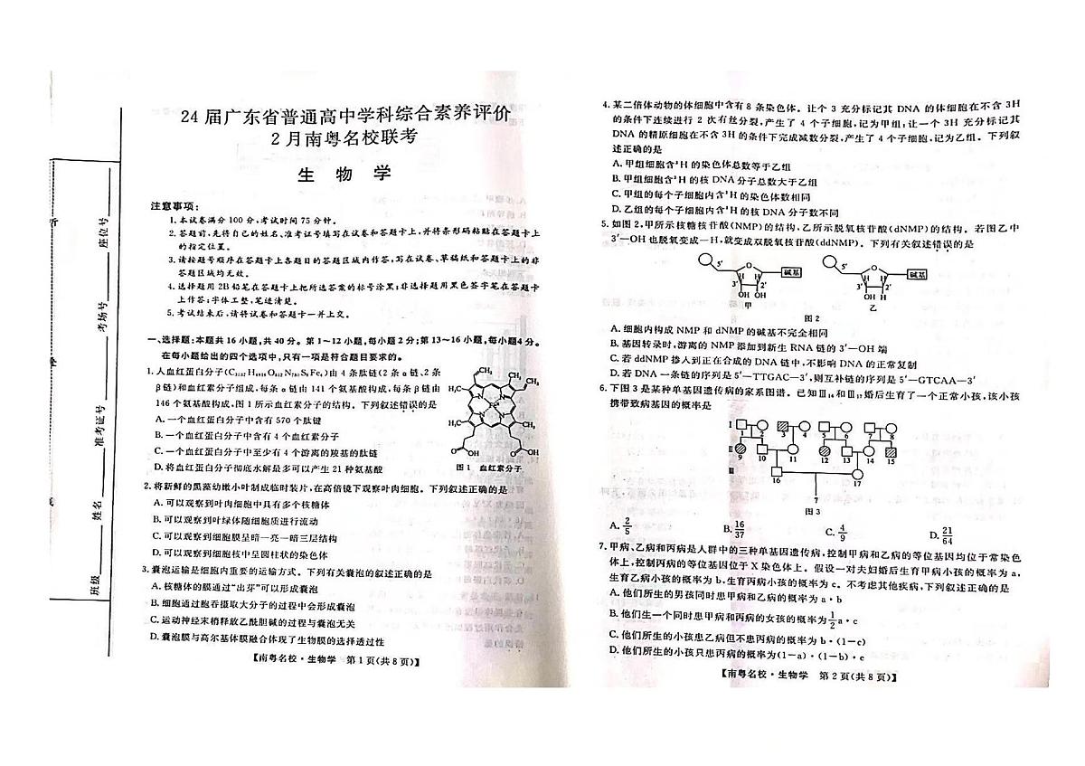 广东省南粤名校2023-2024学年高三下学期2月联考生物试卷（含答案）第1页