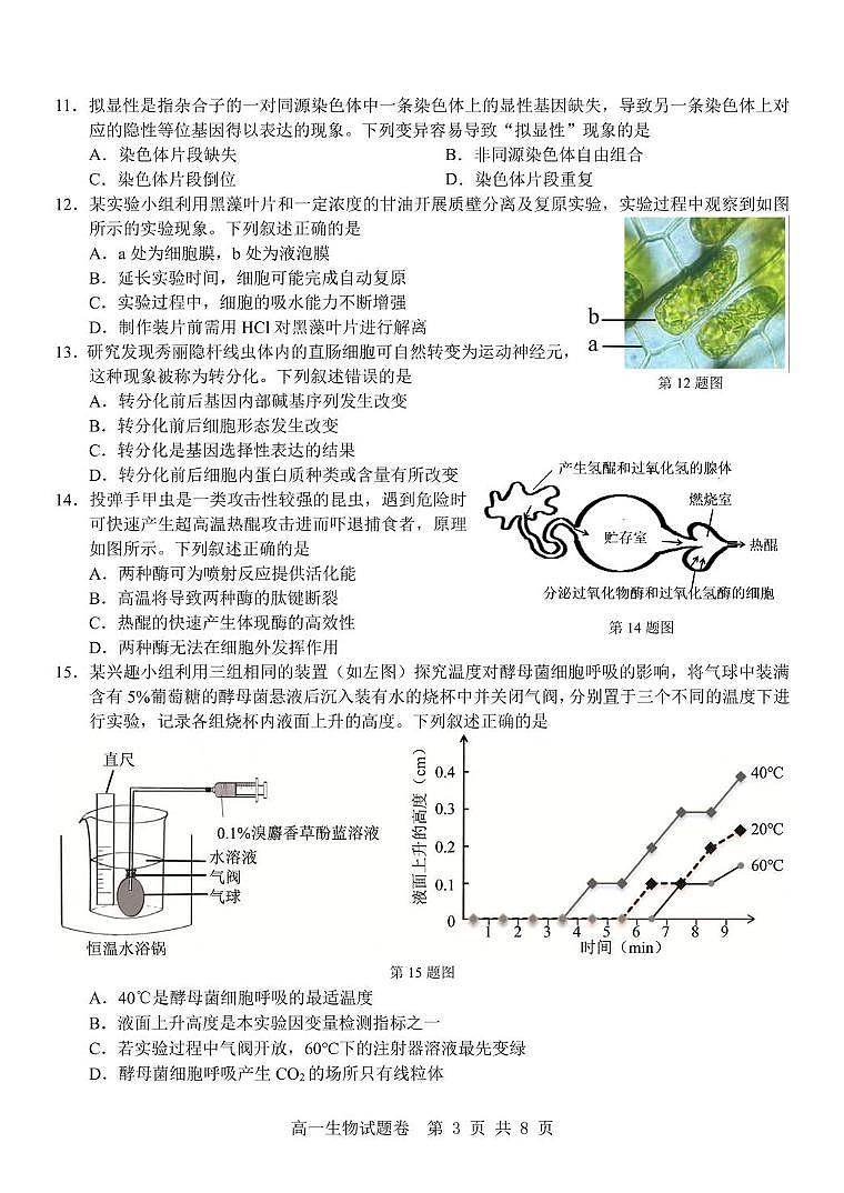 浙江省杭州地区（含周边）重点中学2024-2025学年高一下学期期中考试生物试题（PDF版附答案）第3页