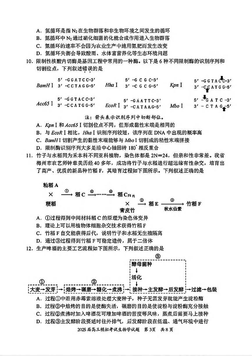 生物丨广东省惠州市2025届高三下学期4月第一次模拟生物试卷及答案第3页