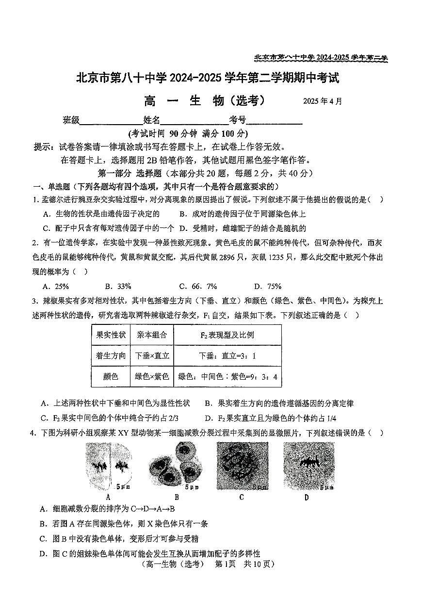 2025北京八十中高一（下）期中真题生物（选考）试卷第1页