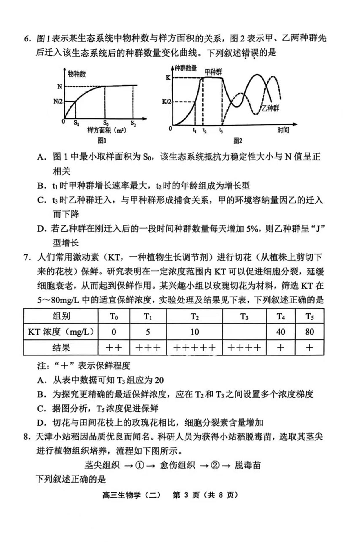 2025年天津市部分区高三二模生物试卷和答案第3页