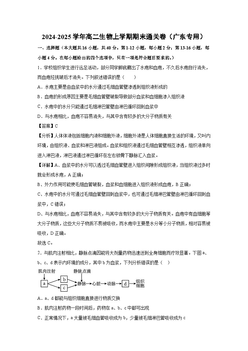 2024-2025学年高二生物上学期期末通关卷（广东专用）生物试卷（解析版）第1页