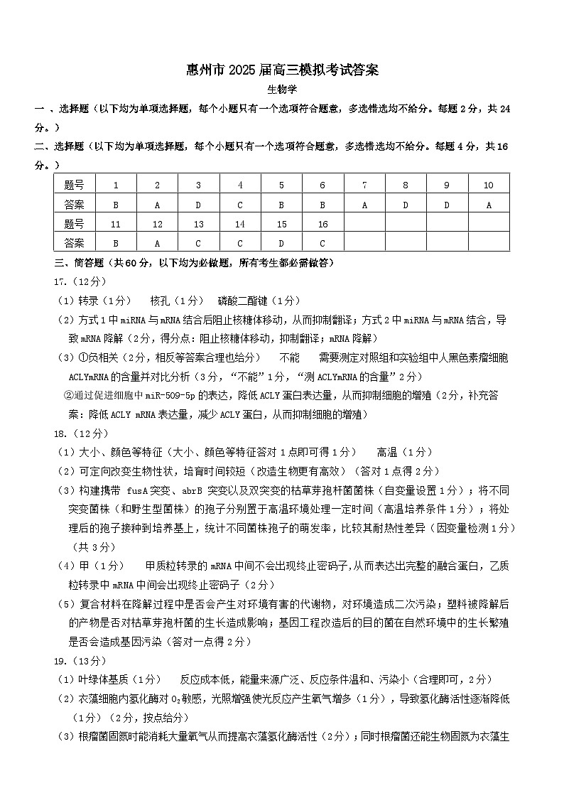 惠州市2025届高三模拟考试生物科答案 （终定稿）第1页