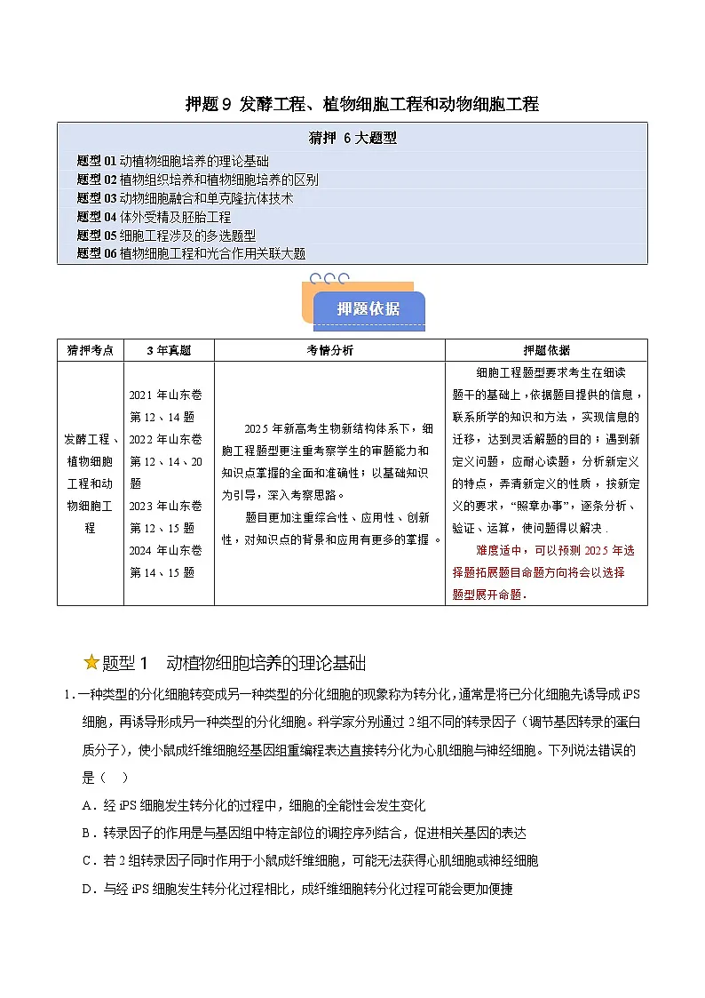 备战2025年高考生物抢押秘籍（山东专用）押题09发酵工程、植物细胞工程和动物细胞工程（教师版）第1页