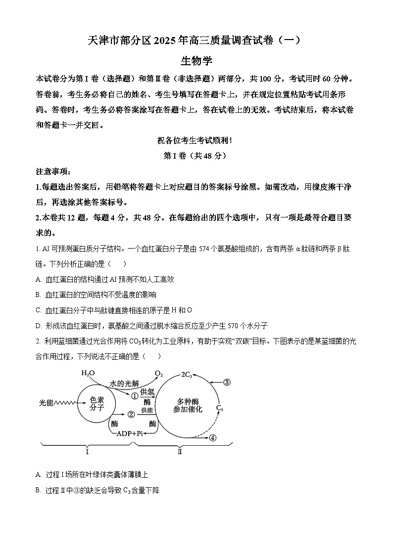 天津市部分区2024-2025学年高三下学期质量调查生物试卷  Word版无答案第1页