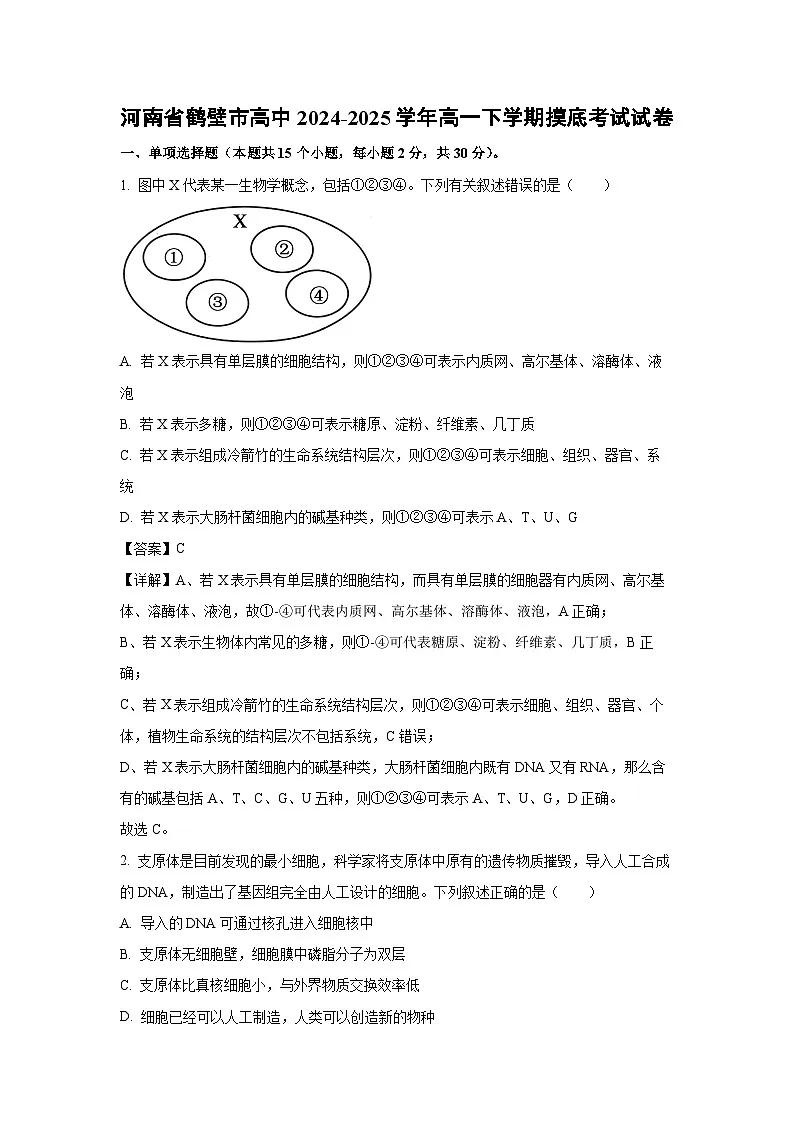 河南省鹤壁市高中2024-2025学年高一下学期摸底考试生物试卷（解析版）第1页