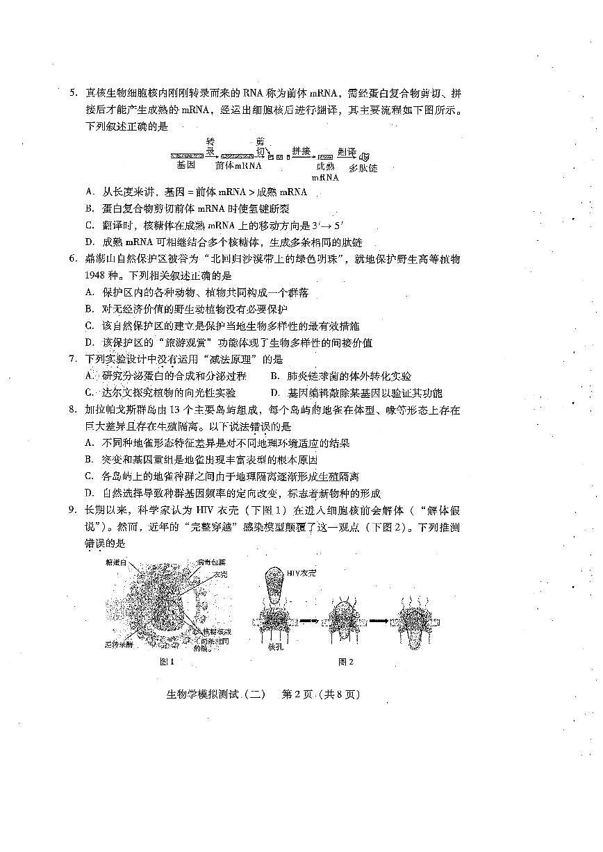 广东省2025年普通高等学校招生全国统一考试模拟测试生物第2页