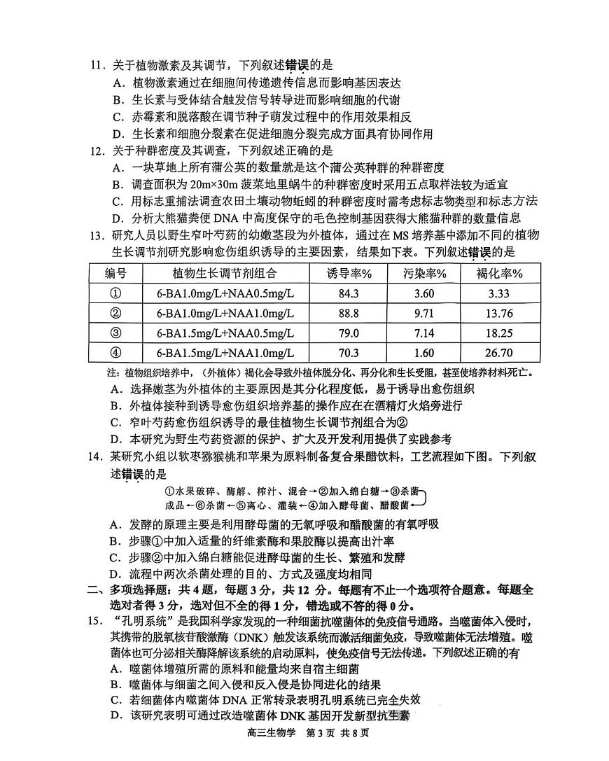 2025届江苏省苏州、无锡、常州、镇江四市高三二模教学调研（二）生物试题及答案第3页