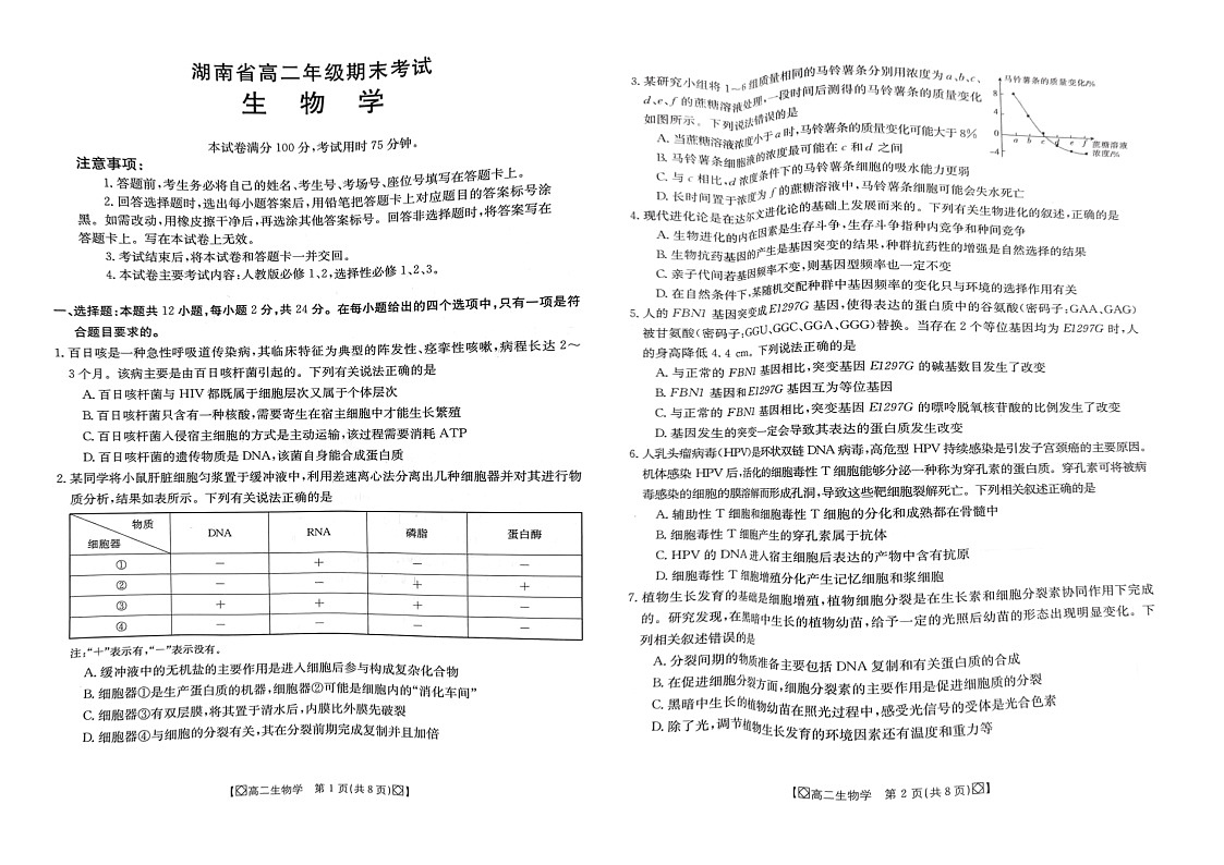 湖南省湘西2023-2024学年高二下学期期末考试生物试题第1页