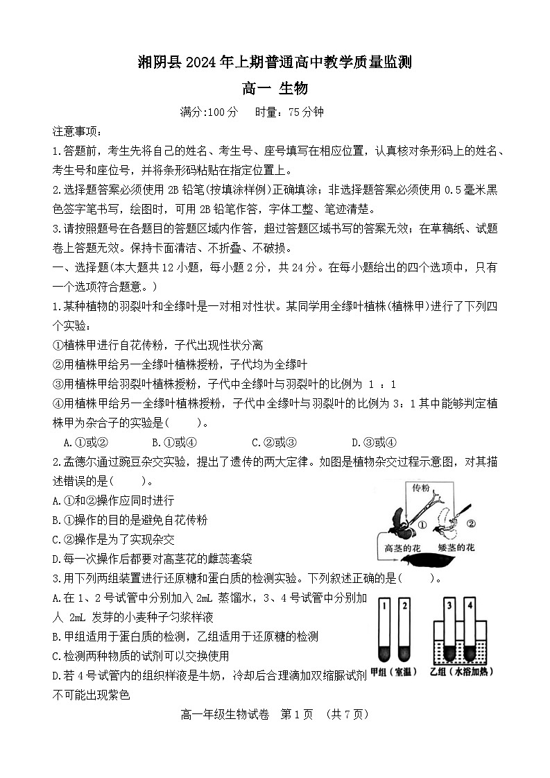 湖南省岳阳市湘阴县2023-2024学年高一下学期期末考试生物试题第1页