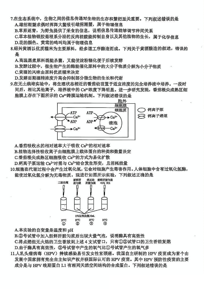 浙江省稽阳联谊学校2025届高三下学期4月联考-生物试题+答案第2页