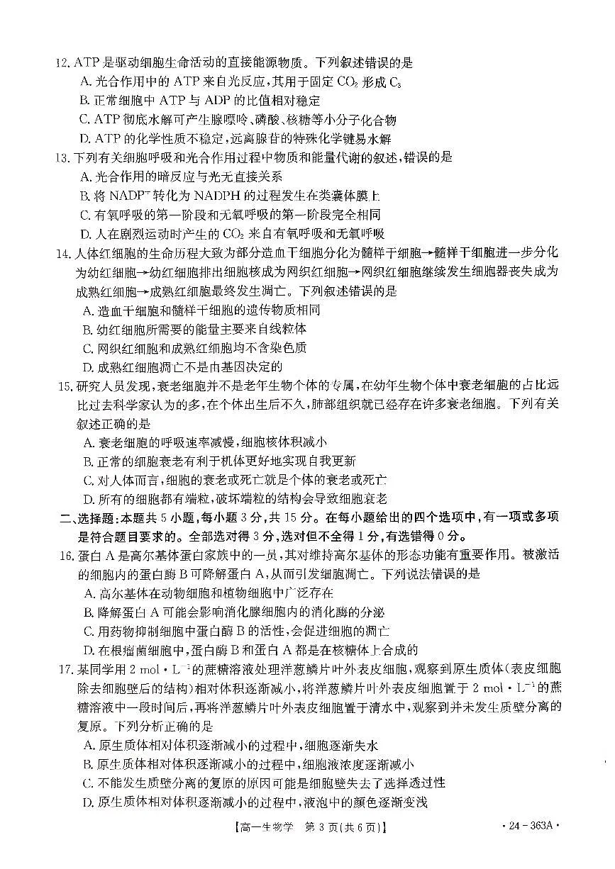 河南省许平汝名校2023-2024学年高一下学期开学考试生物试题（含答案）第3页