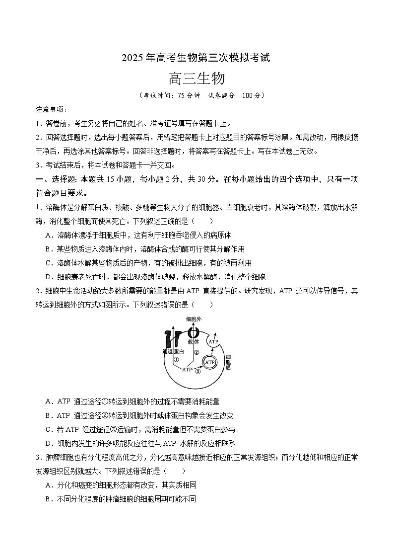 2025年高考第三次模拟考试卷：生物（江苏卷01）（考试版）第1页