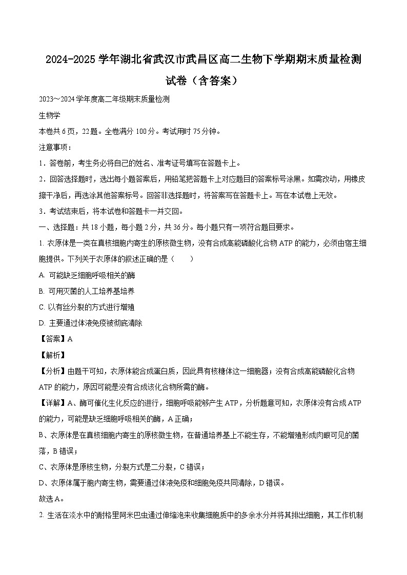 2024-2025学年湖北省武汉市武昌区高二生物下学期期末质量检测试卷（附答案）第1页