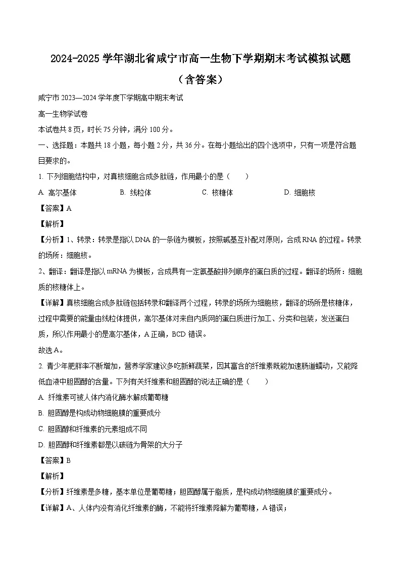 2024-2025学年湖北省咸宁市高一生物下学期期末考试模拟试题（附答案）第1页