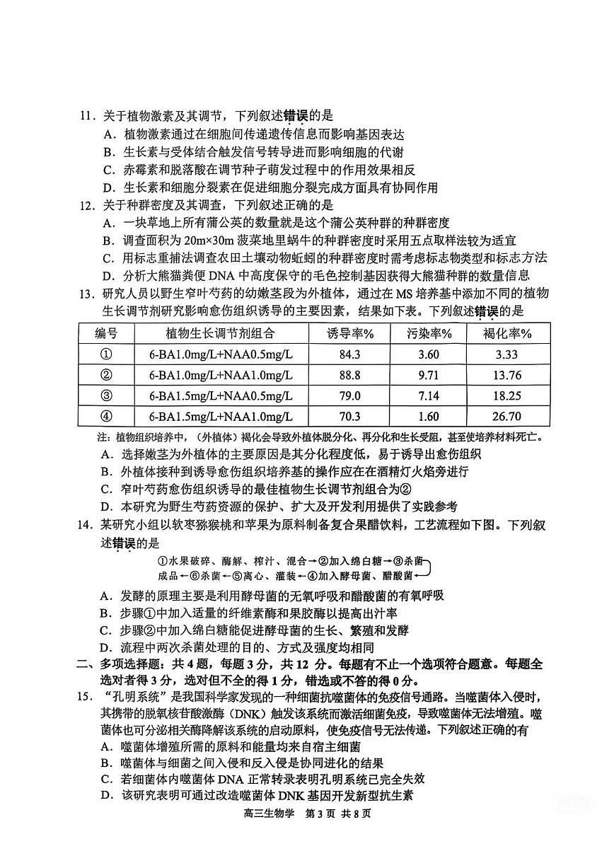 2025年苏锡常镇四市高三二模生物试题和参考答案第3页