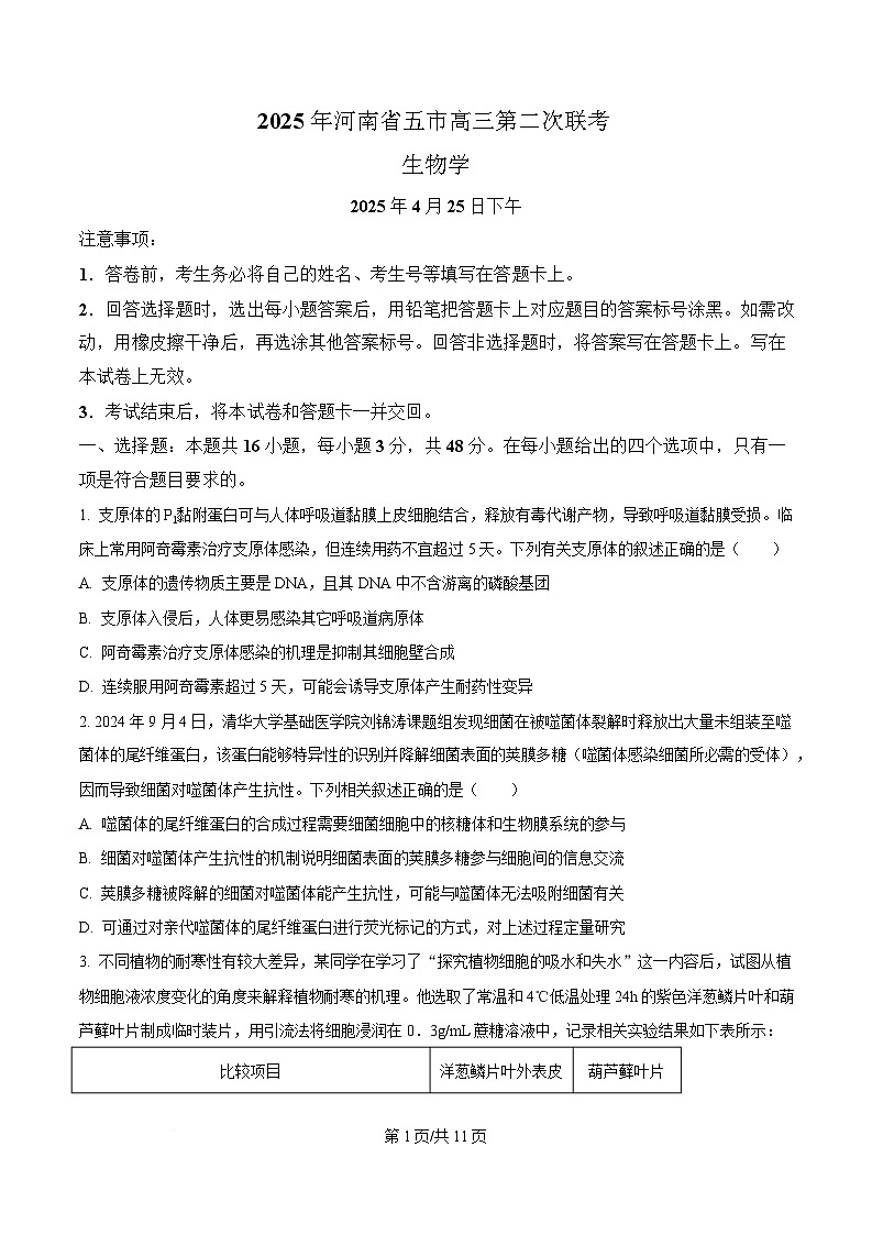 2025届河南省五市部分学校高三下学期4月第二次联考生物试题（原卷版）第1页