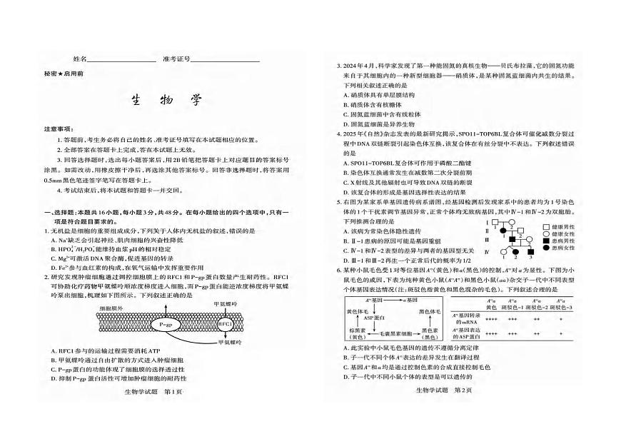 2025届山西省高三考前适应性测试（冲刺卷）（山西二模）生物试卷（高考模拟）第1页