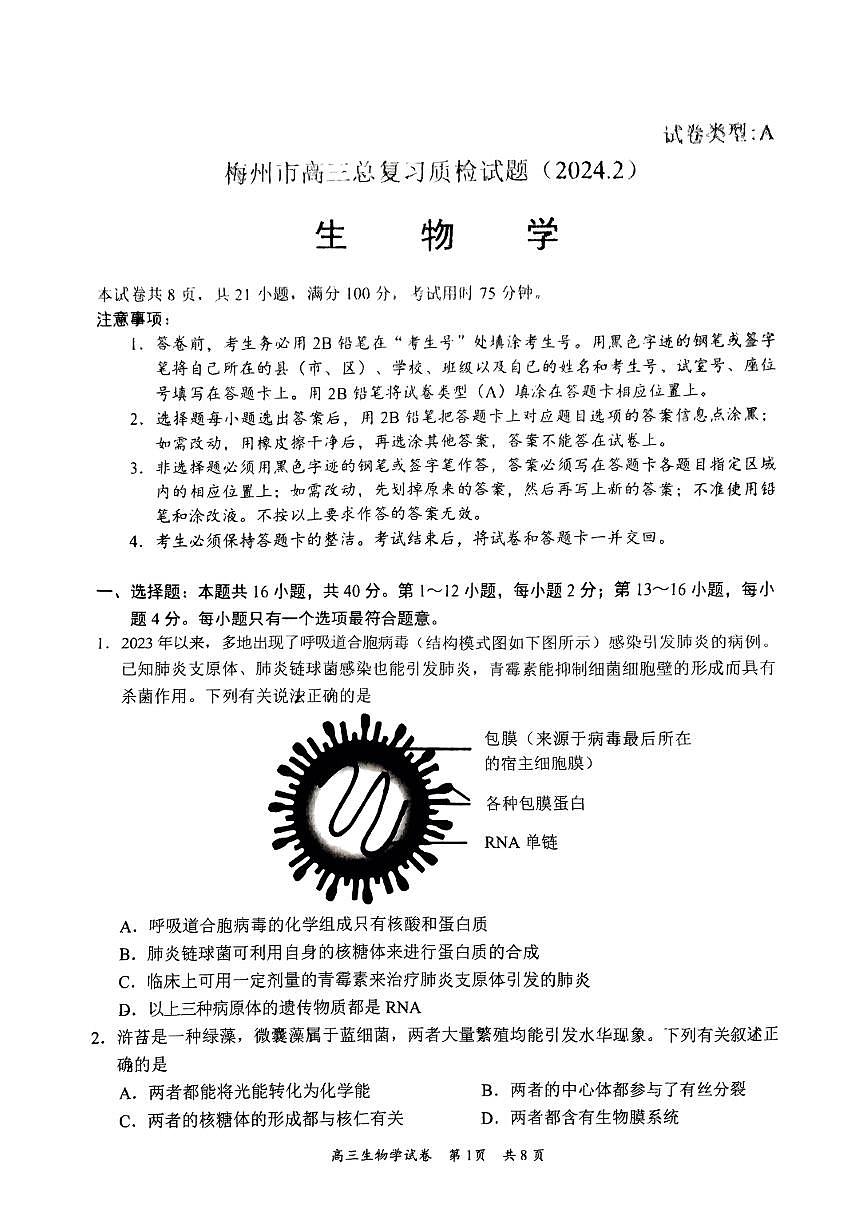 广东省梅州市2023-2024学年高三下学期总复习质检试题（一模）生物试卷（含答案）第1页