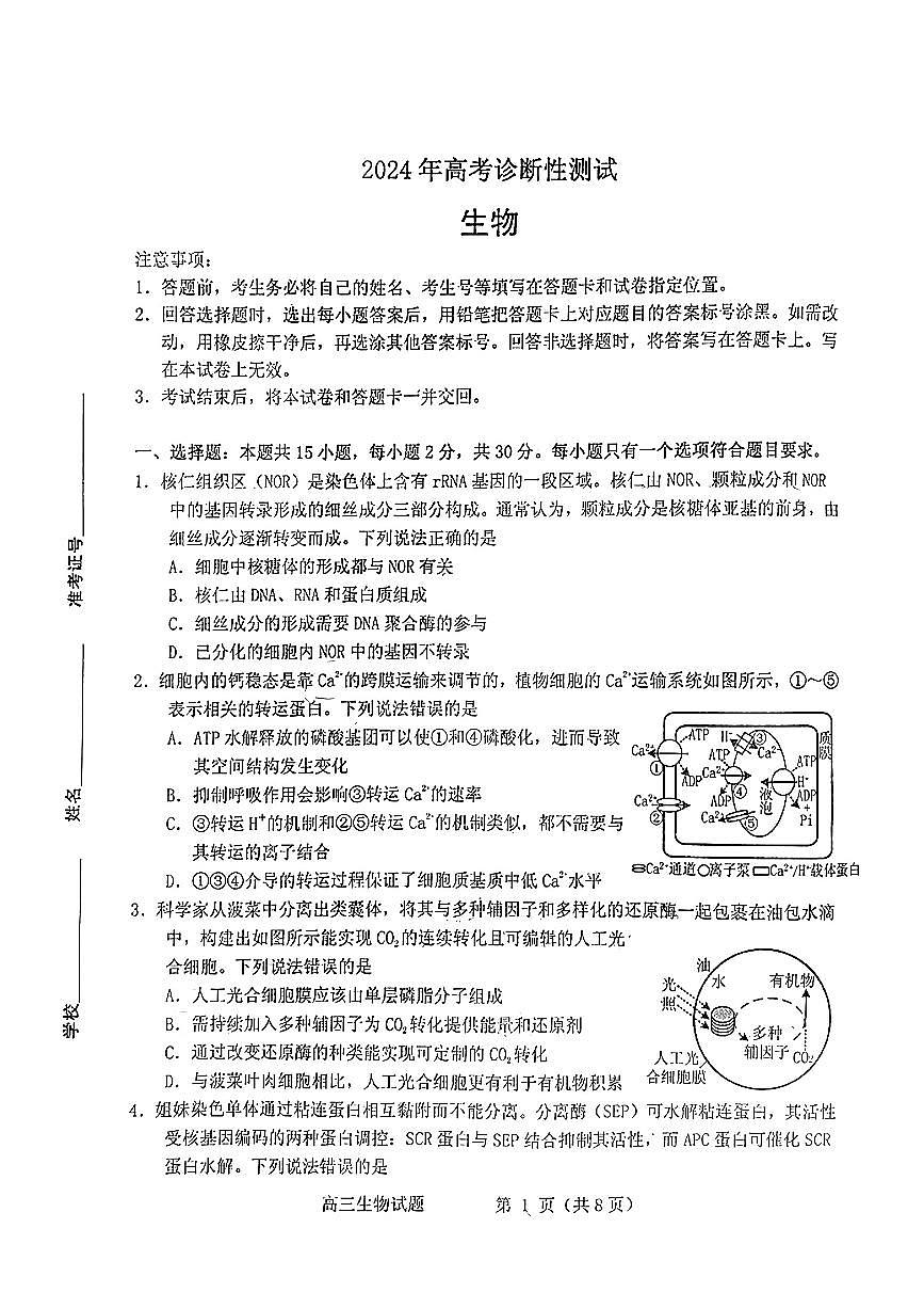 山东省烟台德州东营2024年高考诊断性测试 生物试卷（含答案）第1页