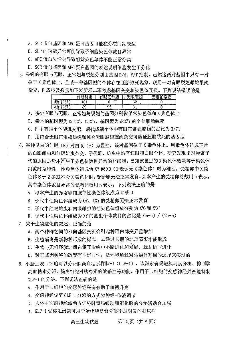 山东省烟台德州东营2024年高考诊断性测试 生物试卷（含答案）第2页