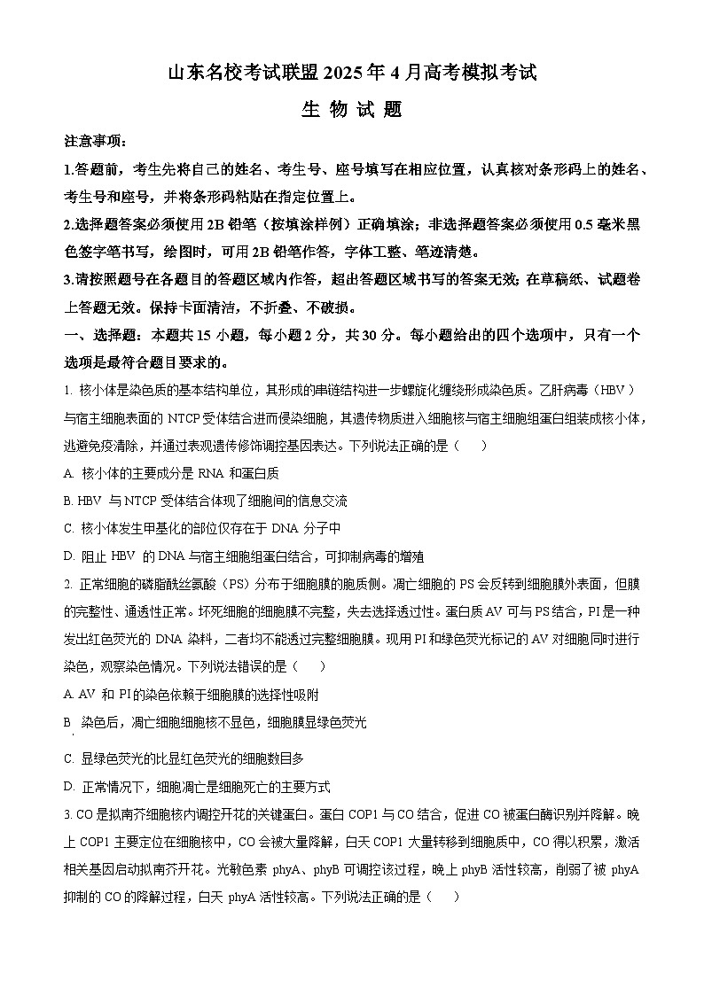 2025届山东省名校考试联盟高三下学期4月模拟考试生物试题（原卷版+解析版）（高考模拟）第1页