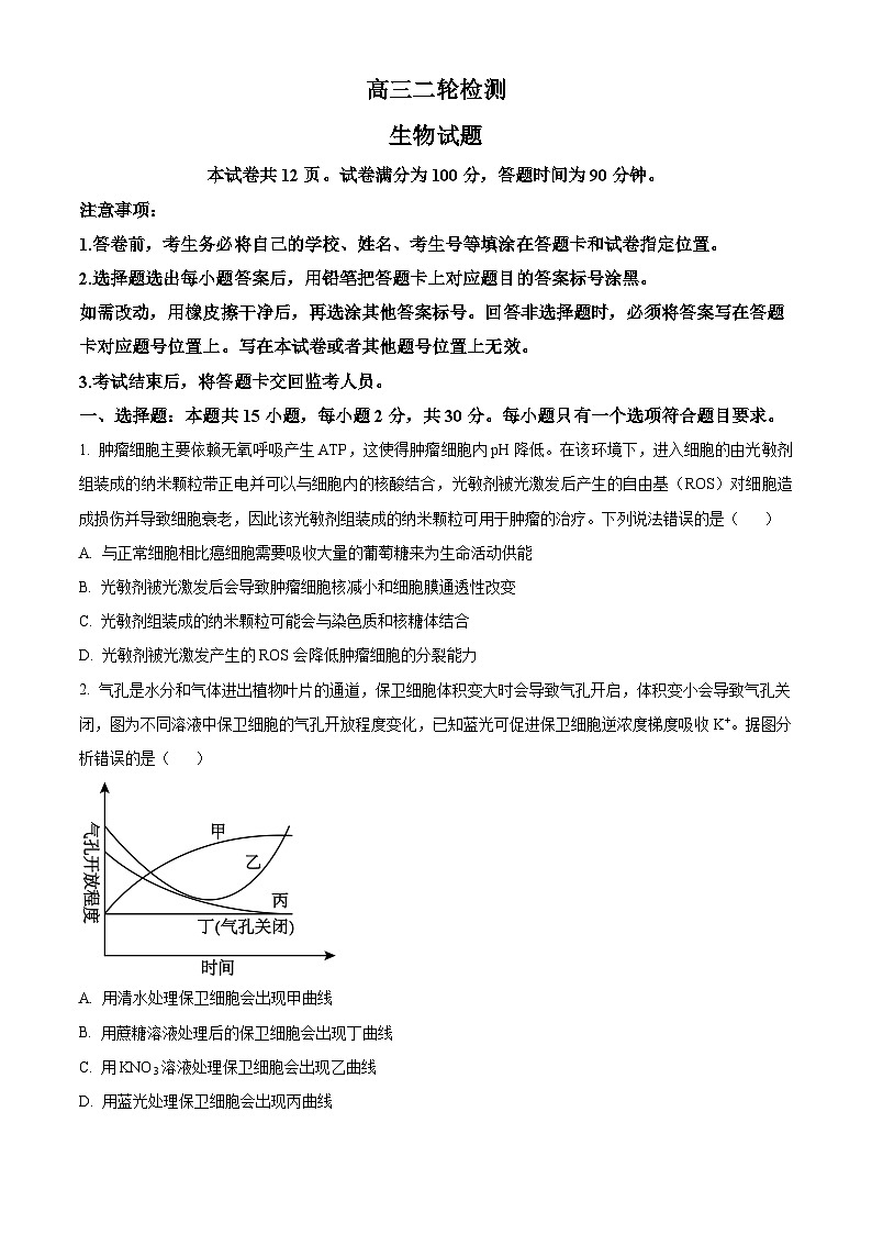 2025届山东省泰安市高三二模生物试题（原卷版+解析版）（高考模拟）第1页