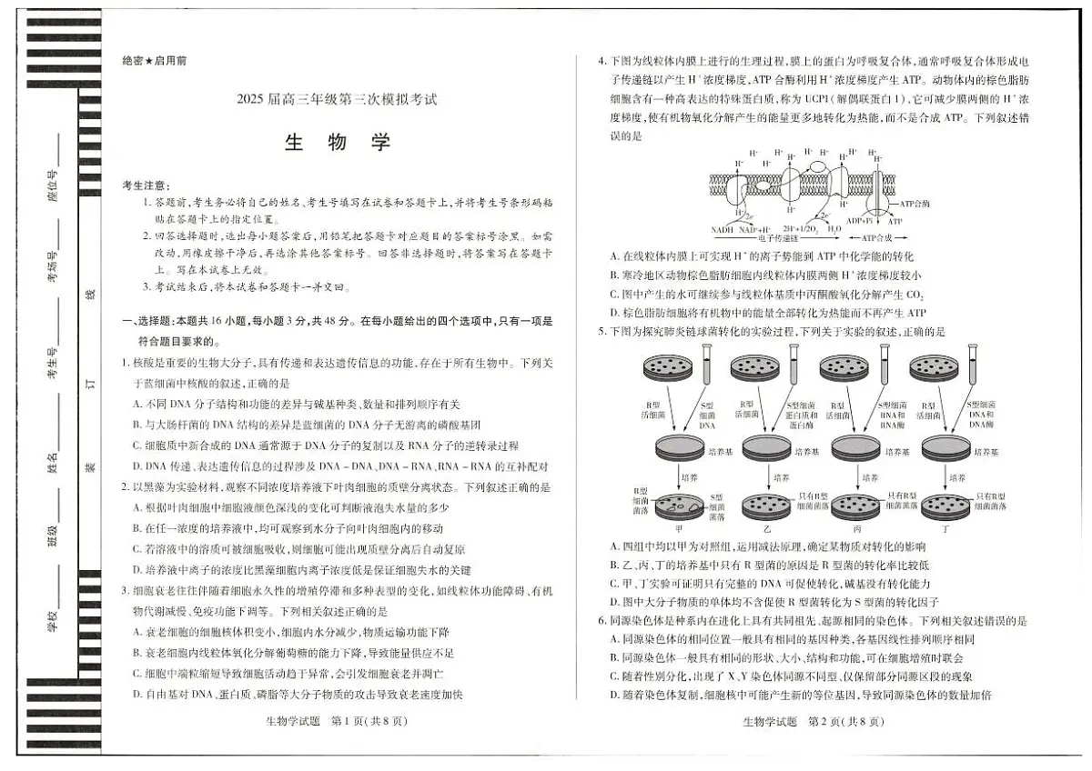 河南省安阳市2025届高三下学期三模试题 生物 PDF版无答案第1页
