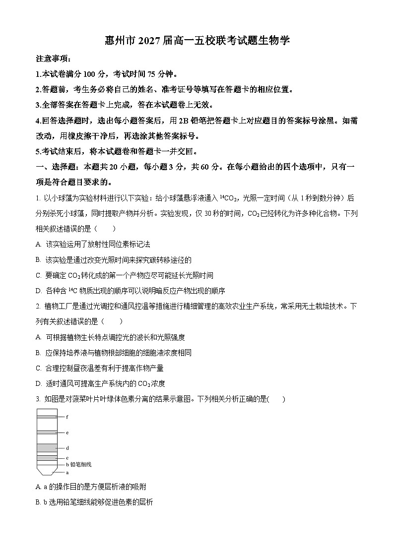 广东省惠州仲恺中学等五校2024-2025学年高一下学期4月联考生物试卷（原卷版+解析版）第1页