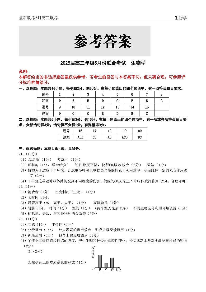 辽宁点石联考2025届高三5月份联合考试-生物答案第1页