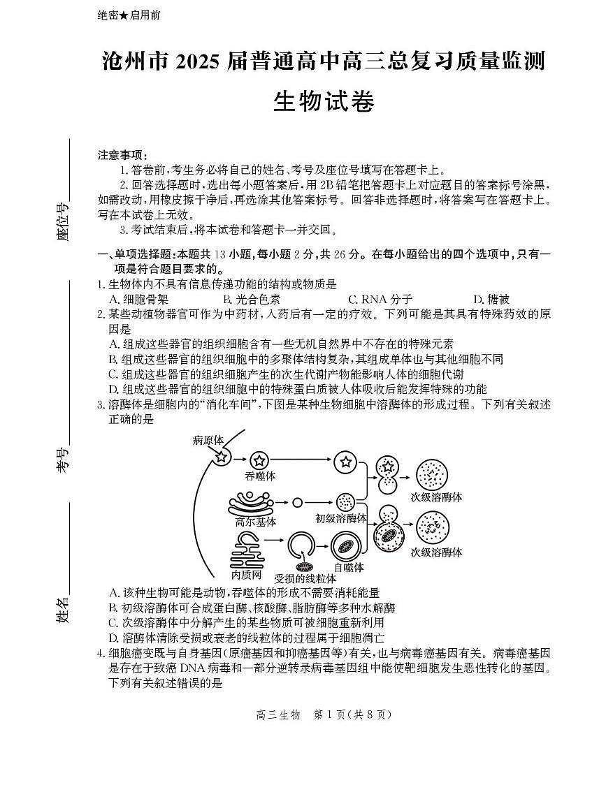 2025届河北省沧州市高考模拟生物试题（含答案）第1页