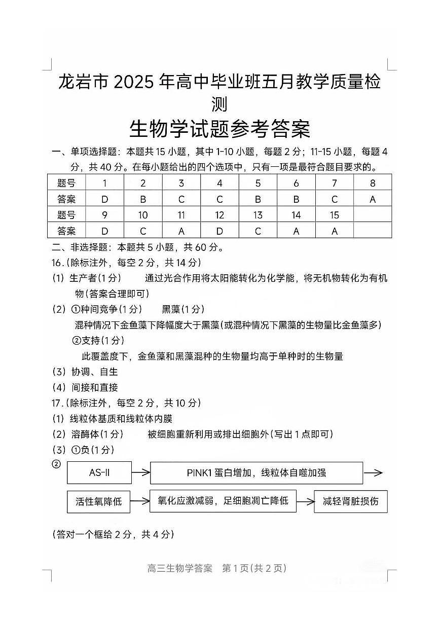 福建省龙岩市2025年高中毕业班五月教学质量检测生物答案第1页