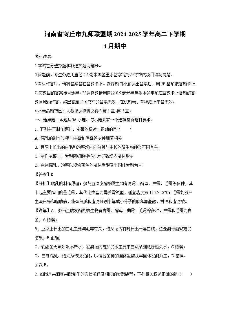 河南省商丘市九师联盟期2024-2025学年高二下学期4月期中生物试卷（解析版）第1页